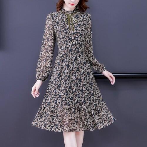 2021 Spring Autumn Floral Chiffon Midi Dress Women New Fashion Korean Casual Dress Elegant Bodycon Vintage Party Runway Vestidos