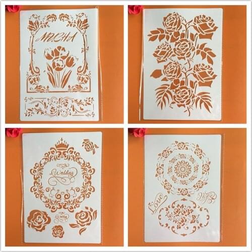 4pcs/set A4 Rose flower Stencils Painting Coloring Embossing Scrapbook Album Decorative Template cake stencil crafts books