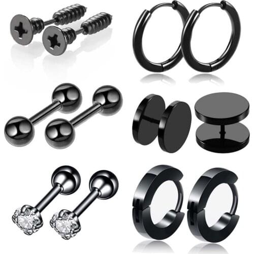 6 Pairs/Set Different Types Shape Unisex Black Color Stainless Steel Piercing Earring For Women Men Punk Gothic Barbell Earring