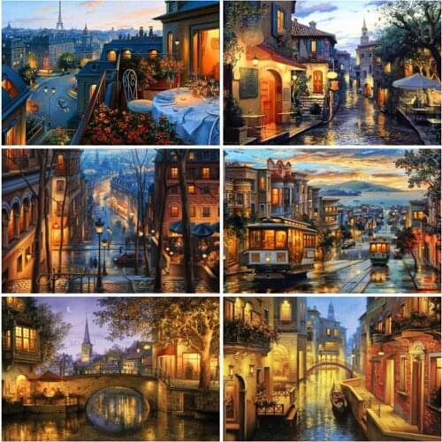 Diamond Embroidery Town Picture Rhinestones Diamond Painting Night City View Cross Stitch Street Landscape Embroidery Wall Art