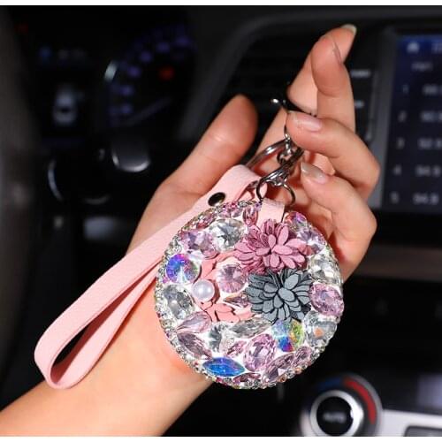 Lovely Makeup Mirror Pendant Flowery Car Keychain Key Ring with Crystals for Women Girl Nice Gift