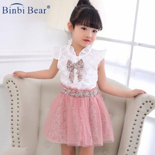 Baby Girls' Summer 5 10 12 8 Years Old Sets Clothing Vlinder Lace Floral Short Sleeve White T-Shirt Mesh Skirt Kids Clothes For