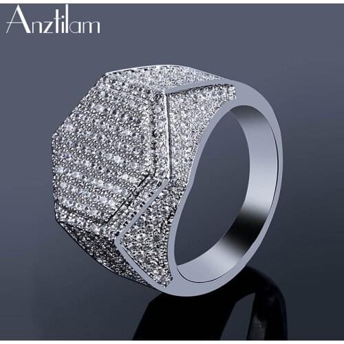 AZ Hexagon Gold Color Iced Out Ring Micro Paved Big Zircon Shiny Hip Hop Finger Ring for Men Women Jewelry Gift