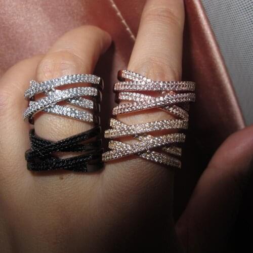 Promotion hot sale Dubai fashion Women fashion cubic zircon geometric crossed-line open ring designer black party jewelry