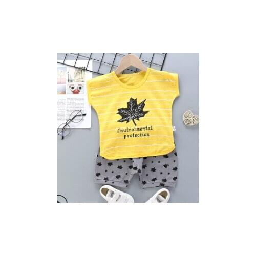 Summer Baby Boy Clothes Yellow Leaves Cartoon Stripe Cow Pattern Round Neck Top Elastic Shorts Kids Cotton Short-sleeve Suits