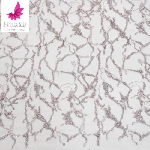 Hot Selling Nigeria Lace With Pearls And Beads Tulle Sequence Fabrics For Show HY1165