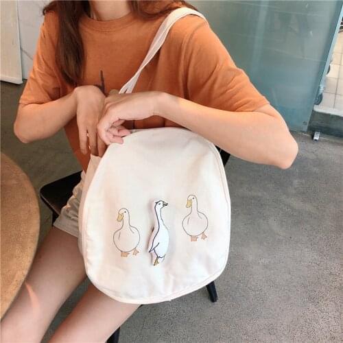 Cute big white goose graffiti canvas bag female student fashion shoulder bag ins simple portable canvas bag