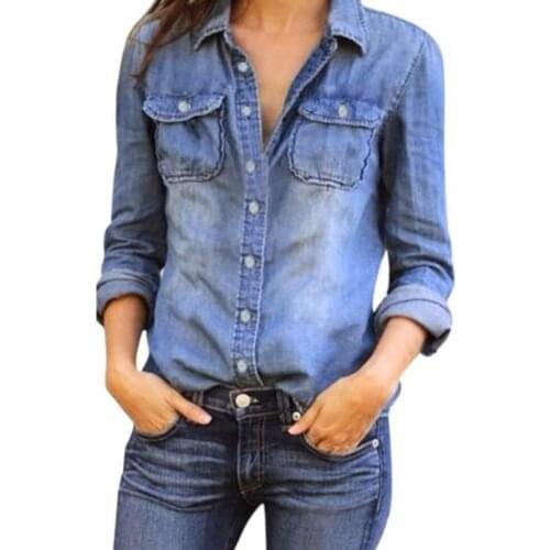 Fashion Womens Casual Blue Jean Denim Long Sleeve Shirt Tops Blouse Jacket