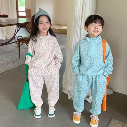 2021 Autumn New Kids Clothes Floral Suit Cotton Set For Children Korean Girls and Boys Clothes