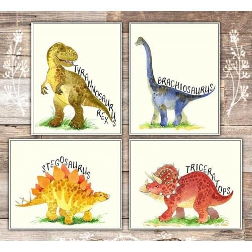 Cartoon Dinosaur Poster Watercolor Simple Cute Childrens Room Bedroom Canvas Painting Baby Girl Boy Room Decor Canvas Wall Art
