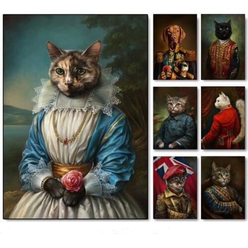 Princess Cat Pet Poster Canvas Painting Animal Posters Middle Ages Cat Dog Gentleman Retro Poster Wall Art Vintage Decoration
