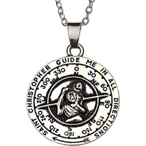 St Christopher Saint Coin Necklace Guide Me in All Directions Travelers Silver Compass Pendant Necklace collane prayer jewelry