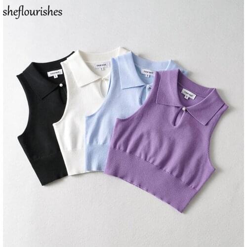 Sexy women crop top summer sleeveless tops elegant knit tank top women turn down collar tops solid hollow out top black white