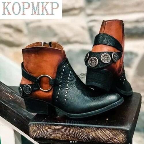 Hot Women Ankle Boots Ladies British PU Rivet Metal Buckle Woman Boots Female Chunky Heels Mixed Color Fashion Platform Shoes 43