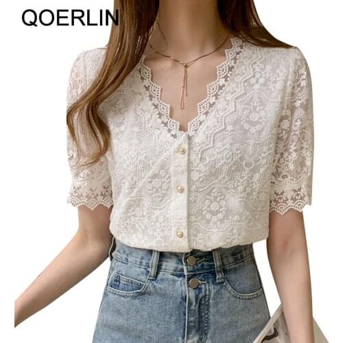 QOERLIN Lace Hollow Out Shirts Women Plus Size 2021 Summer New Korean V-neck Short Sleeve Blouse Summer Single-Breasted Tops