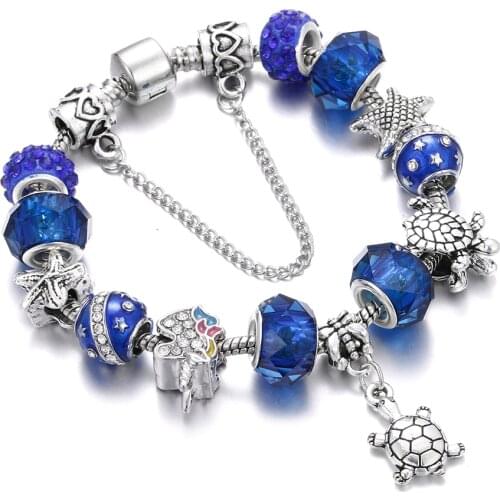 Women Blue Ocean Summer Style Bracelet Blue Crystal Beaded Dragonfly Heart Key Charm Bracelets&Bangles Fit Brand Jewelry Gifts