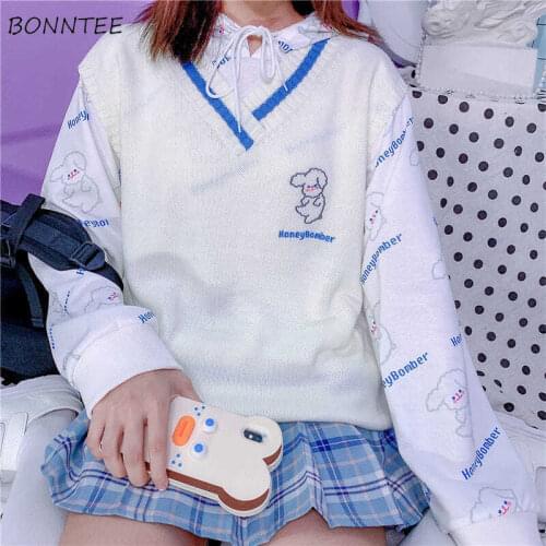 Sweater Vest Women Kawaii V-Neck Knitting Sleeveless Basic Cartoon All-match Sweet Trendy Students Mujer Cute Teenagers Ulzzang