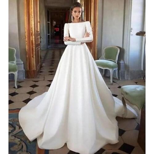 Romantic Long Sleeve Simple Charmeuse A Line Wedding Dress 2020 Robe de Mariee Sexy V Back Wedding Bridal Gowns With Long Train
