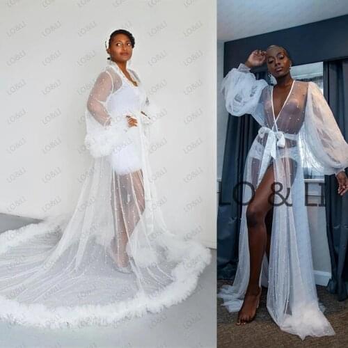 LO&LI Women White Bridal Robe Maternity Sleepwear Tulle Dressing Gown Photography Photo Shoot Photo Props Sheer Pajamas Dres