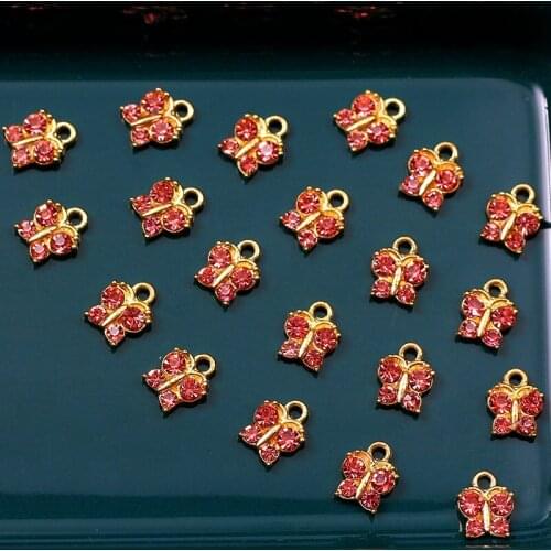 10Pcs/lot Shinning Red Crystal Cute Butterfly Charms Metal Insect Pendants For Earrings DIY Crafts Supplies Jewelry Components
