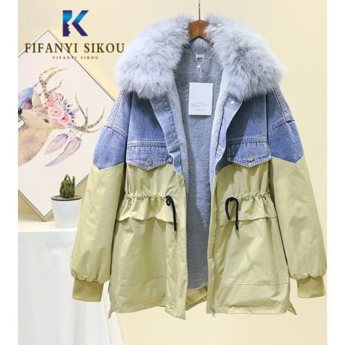 2019 Winter Jacket Women Denim Splice Windbreaker Coat Thick Warm Lambswool Jackets Parkas Faux Fur collar Loose Overcoat Female