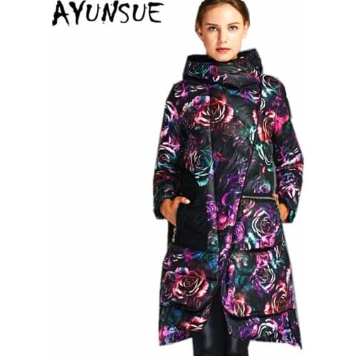 AYUNSUE New Parka Womens Down Jackets Warm Winter Coat White Duck Down Jacket Women Asymmetric Floral Coats Abrigo Mujer WXF158