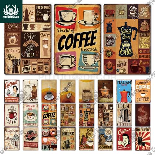 Coffee Metal Sign Vintage Tin Sign Plaque Metal Vintage Wall Decor for Kitchen Coffee Bar Cafe Retro Metal Posters Iron Painting