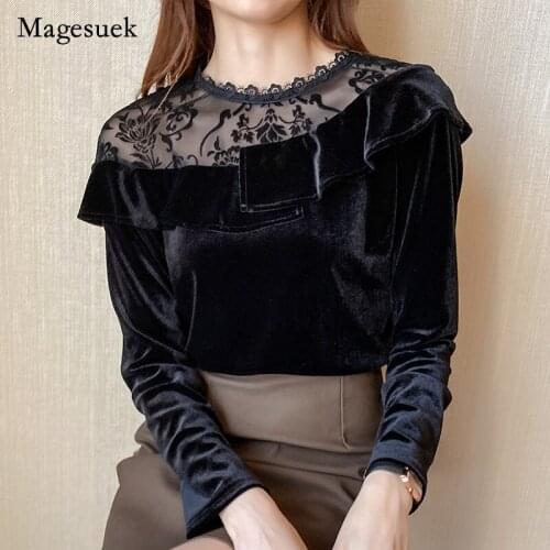 Elegant Women Long Sleeve Blouse Vintage 2021 Autumn Spring New Fashion Black Velvet Tops Sexy Lace Up Mesh Blouse Blusas 16720