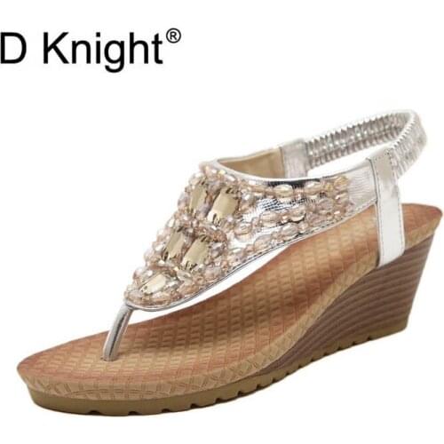 Hot Selling Womens Wedge Sandals Luxurious Bling Rhinestone Flip Flops For Women Ladies Casual Platform Sandals Plus Size 34-42