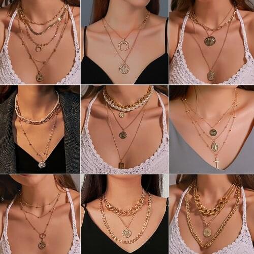 Punk Multilayered Gold Chunky Chain Choker Necklace For Women Fashion Irregular Round Pendant Necklace 2021 Trend Jewelry
