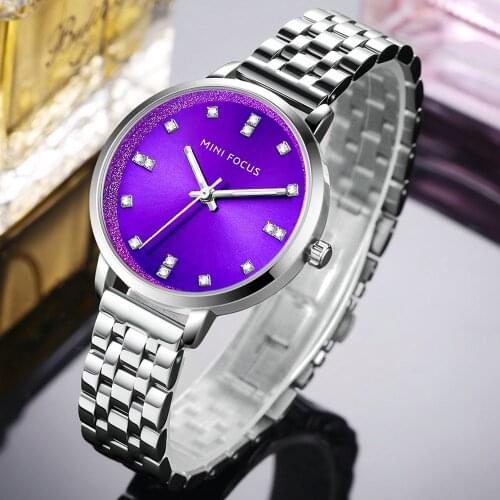 MINI FOCUS Fashion Elegant Ladies Quartz Watch Crystal Purple Dial Metal Strap Classic Dress Womens Watches Top Brand Luxury