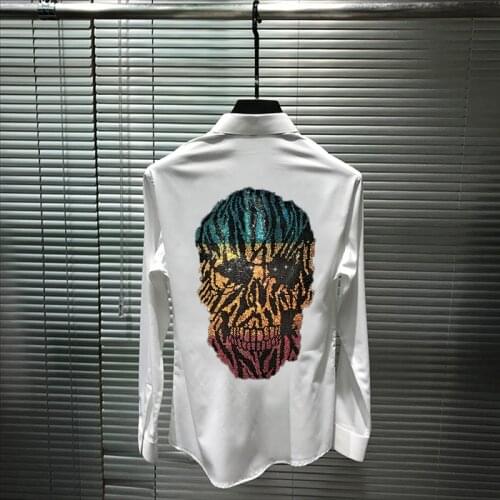 2021 New Arrival Street Hair Stylist Mens Shirt Brand Night Market Rock Long Sleeve Super Shiny Diamond Personality Skull