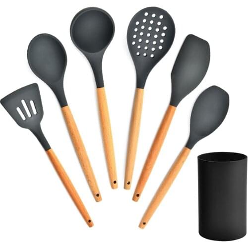 6 Pcs Silicone Cooking Utensil Set BPA Free Kitchenware Non-stick Wooden Handle Heat Resistant Skimmer Spatula Kitcen Cook Tools
