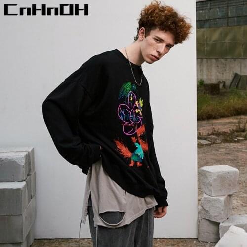 CnHnOH New Arrival Long Sleeve Winter New Oversize Plus Velvet Painted Dinosaur Loose Hoodies Shoulder Round Neck Men 9820