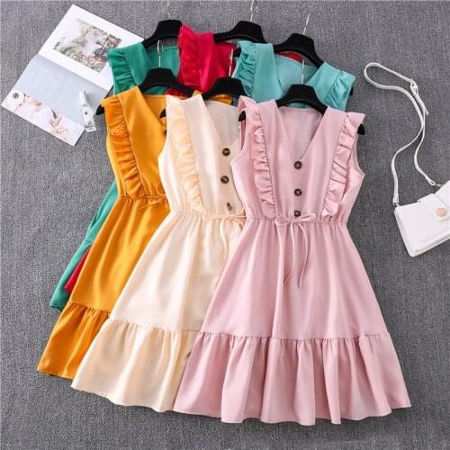 Summer Women V-neck Ruffle Dress Sleeveless Lace-up Button Dress Casual Female Slim Folds High Waist Mini Dresses Woman Clothing