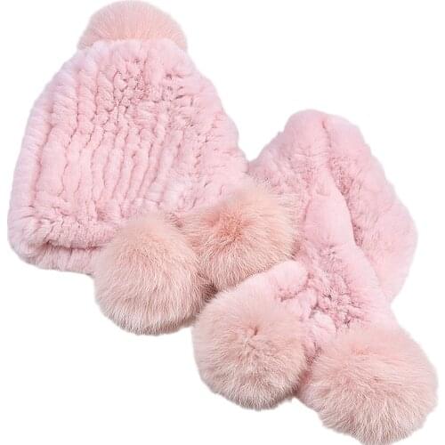 Real Rex Rabbit Fur Hat and Scarf Child Girls Boys Knitted Warm Winter Fluffy Caps and Neck Warmer