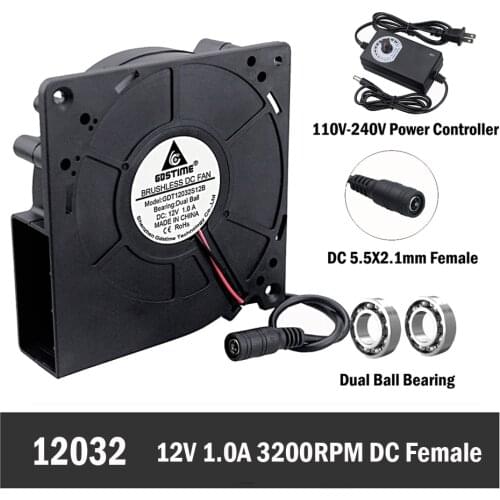 Gdstime 120mm Blower Fan 120x120x32mm 12cm 12V DC Female 5.5x2.1mm 110V 120V 220V 240V Speed/Power Controller