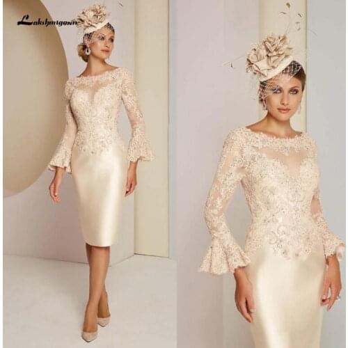 Vintage Mother of The Bride Robe Satin Short Evening Dress with Sleeves 2020 Vestidos de Noite Champagne Party Gowns Lace Beaded