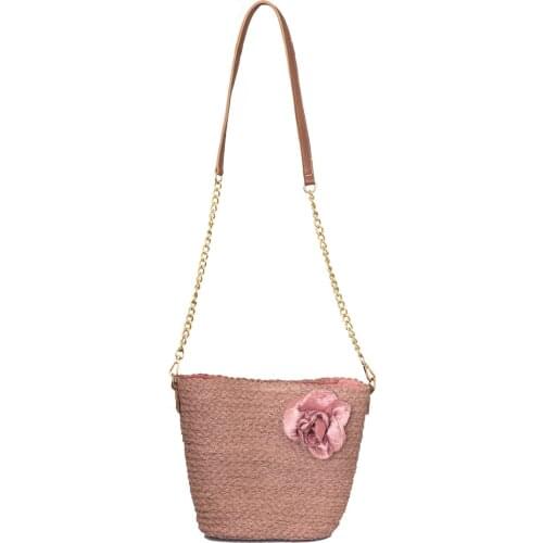 Womens Straw Chain Strap Rose Detailed Bucket Bag Women Bag Stylish Fashion Bag Bohemian Basket rattan Handmade bags for women