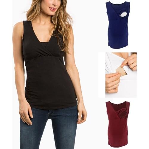 Womens Maternity Breastfeeding T-Shirt Clothes for Pregnant Women V-Neck Solid Sleeveless Nursing Tank Tops Maternity Tees