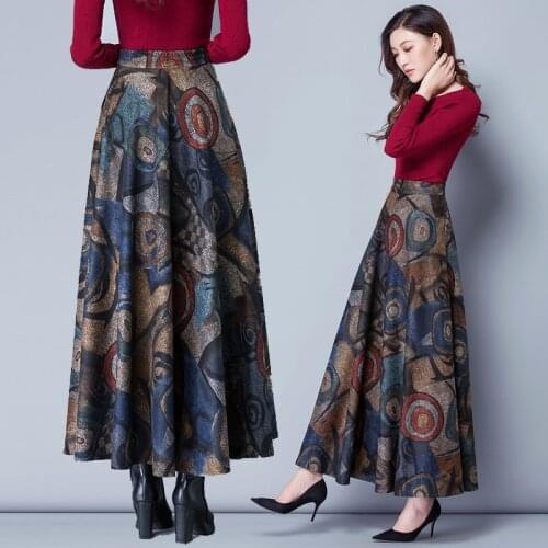 2021 New Elegant Autumn Winter Printing Woolen Skirts Womens Jupe Femme Vintage Warm High Waist Wool Skirt Long Skirt