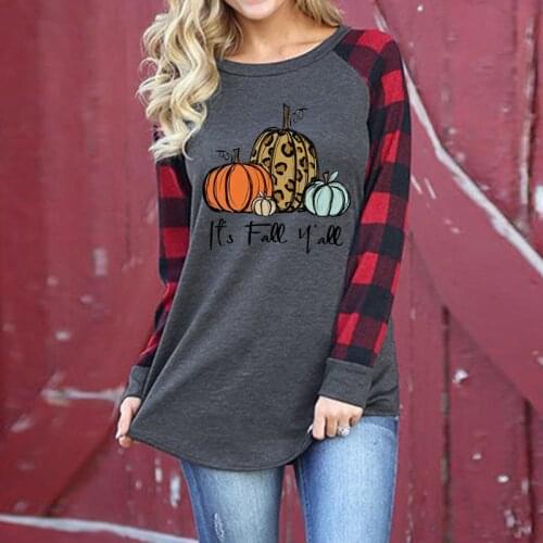 2020 Halloween Leopard Pumpkin Print Women Tshirts Its Fall y'All Graphic Harajuku T-shirt O-neck Plaid Raglan Long Sleeve Tops