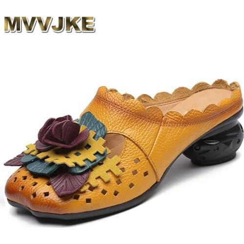 MVVJKE 2018 summer Slippers Flower Retro Sandals Shoes Women Genuine Leather Closed Toe Handmade Comfortable Women Flat Shoes
