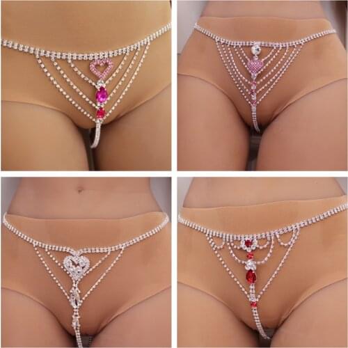 New Sexy Body Chain Lingerie Red Crystal Thong Panties Jewelry for Women Silver Color Rhinestone Belly Waist Chain Body Jewelry