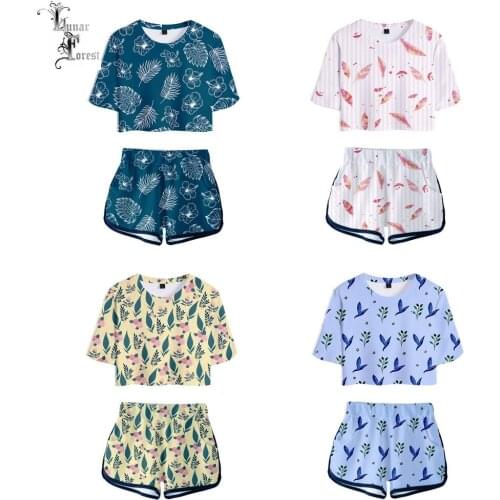Leaves Natural Women Fashion 3D Print Hot Sexy Two Piece Sets Soft T-shirt and Elastic Shorts Sexy Style Fashion