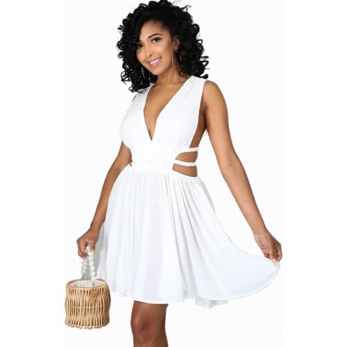 Women Sundress 2021 New Temperament Fashion Beach Summer White Holiday Dress Sleeveless V Neck Sexy Party Mini Dress Vestidos
