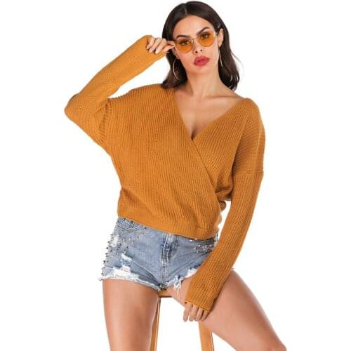 2020 European And American Cross-border Foreign Trade Autumn And Winter Sweaters V-neck Solid Color Long-sleeved Pullover Women