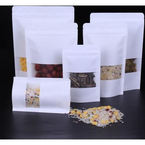 100pcs White zip lock stand up bag kraft paper coffee food packaging storage bags seal sealing gift candy pouch with window