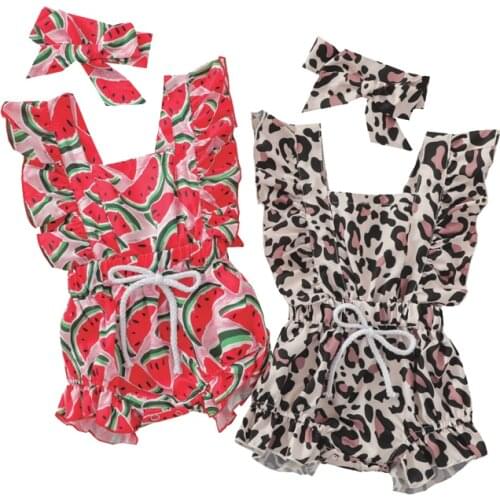 2Pcs Baby Girls Clothes Summer Outfit Watermelon Leopard Print Square Neck Romper Hairband For Toddler 0-24M Childrens Clothing