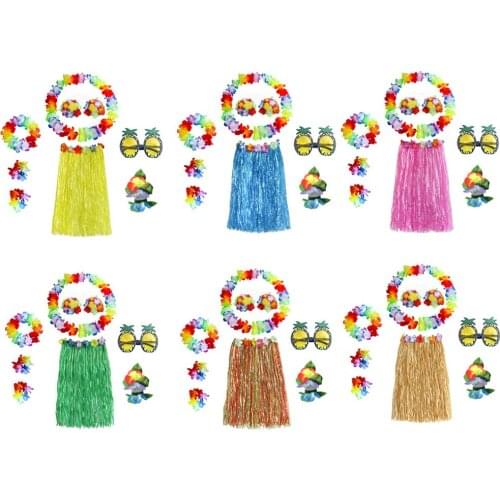8pcs Hawaiian Grass Hula Skirt Bracelets Fancy Dress Luau Party Costume Kit